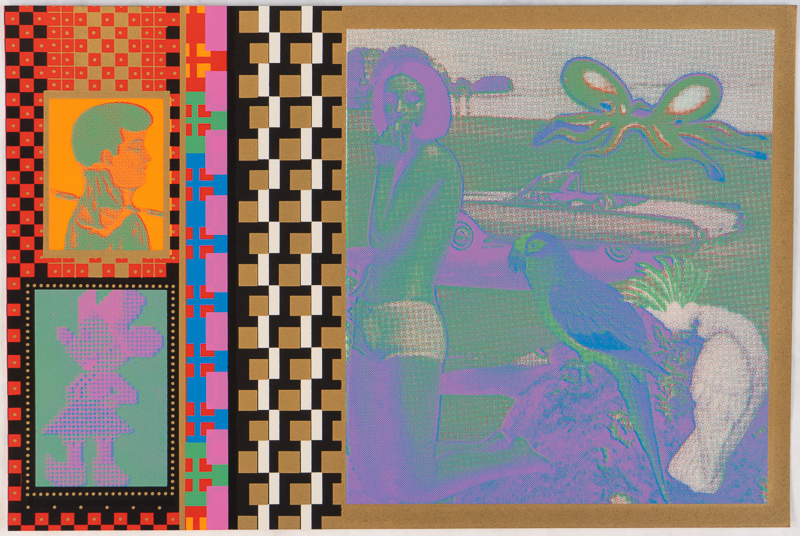 Woman and birds, mickey mouse, graphic pattern. 
