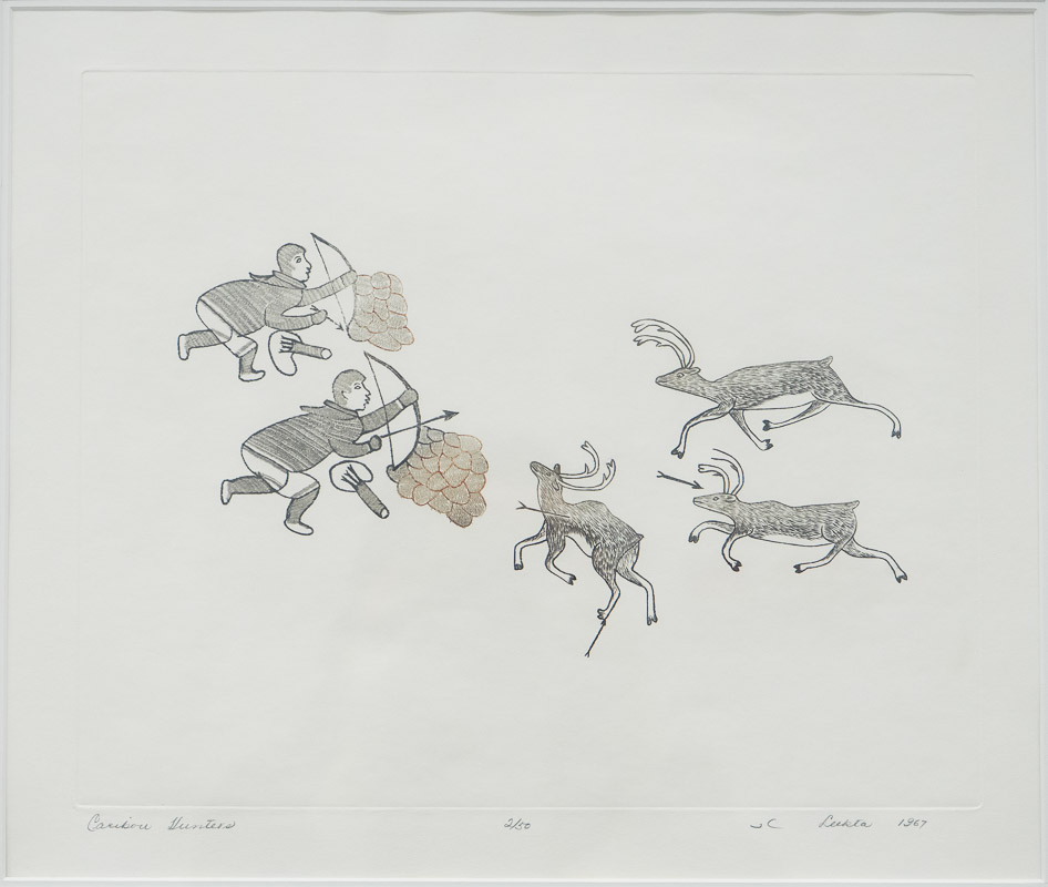 Two hunters with bow and arrows hiding behind blinds stalking three caribou, one of which has an arrow in its chest.. 