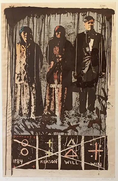 A trio of ghostly figures, derived from a historic photograph of three unidentified Indigenous people, wear western dress and stand at a graveside.