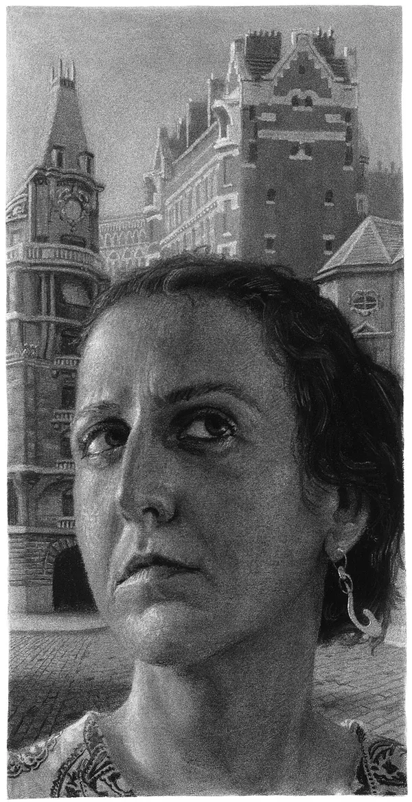 Portrait of a woman in an urban setting.