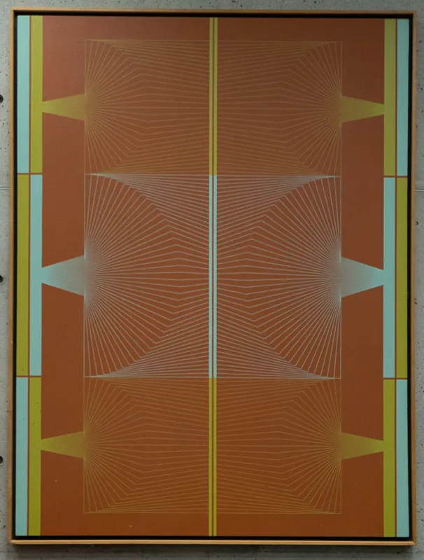 Geometric linear fan pattern in primarily orange, yellow, and white.