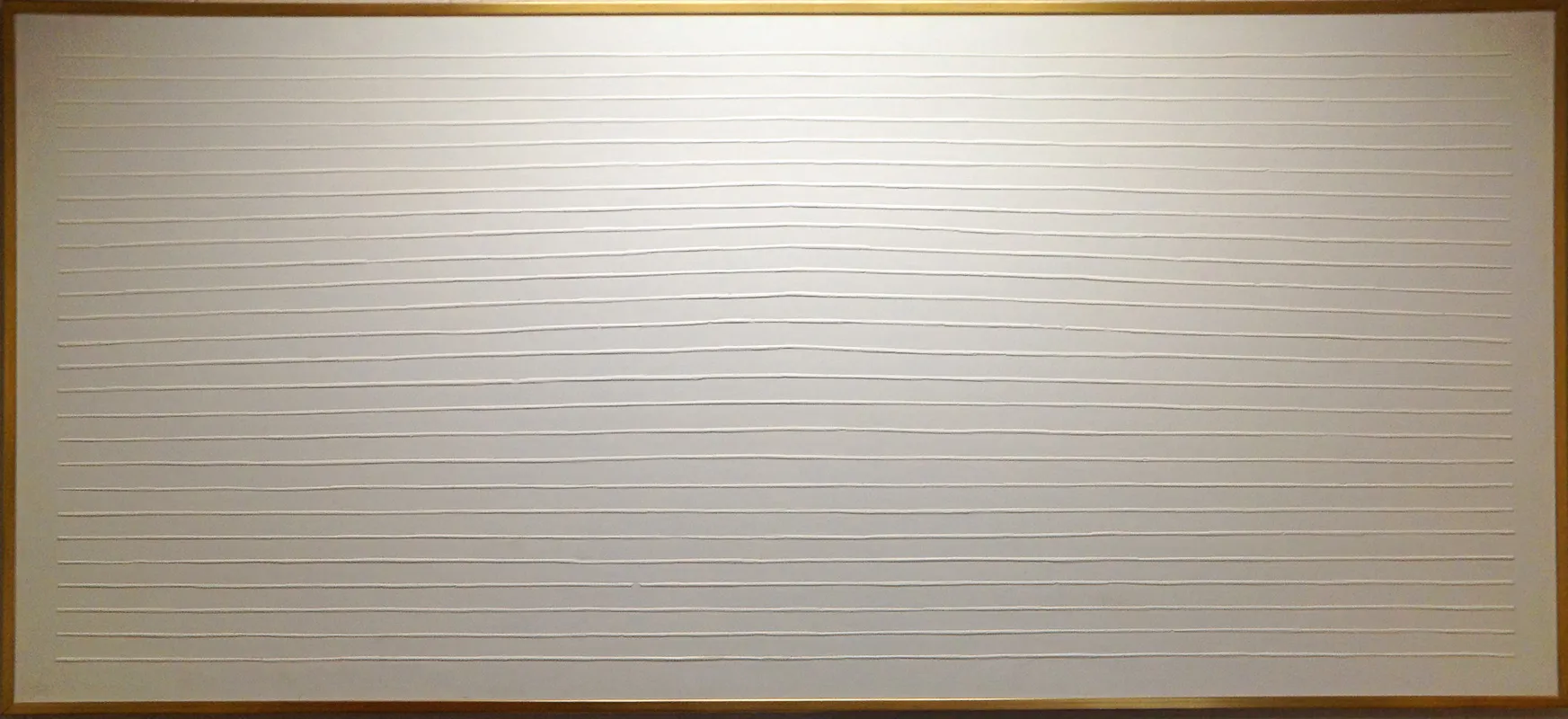 White horizontal rectangular painting with raised horizontal stripes running across the surface.