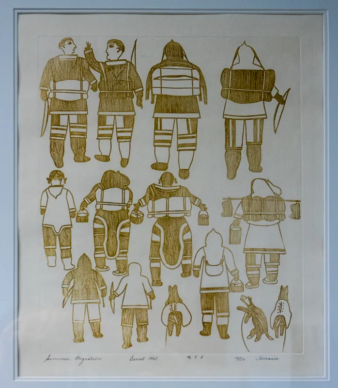 Lithograph of eleven people in traditional Inuit outerware seen from behind, along with three sled dogs. 