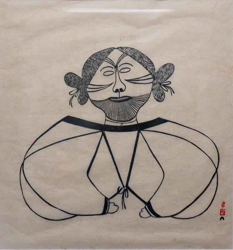 Lithograph of a black and white line drawing of woman with facial tattoos. 