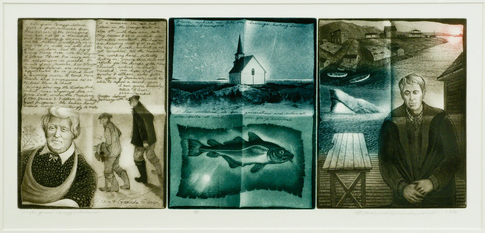 Three panel painting, reproduction of old photographs and journal page.