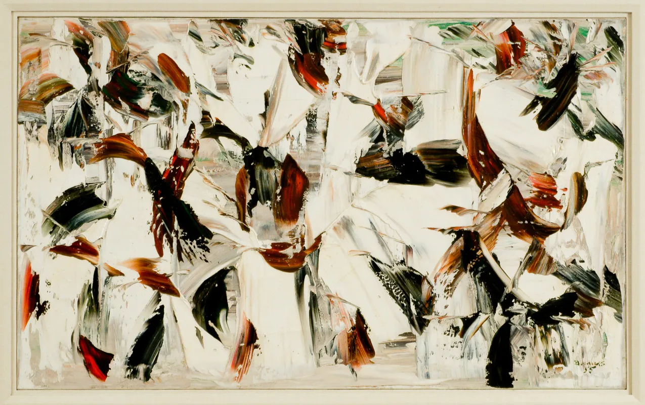 Abstract painting with thick brushstrokes of white, black, red, and green paint. 