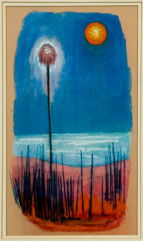 Flower and reeds in front of a lake; the sun dominates the sky.