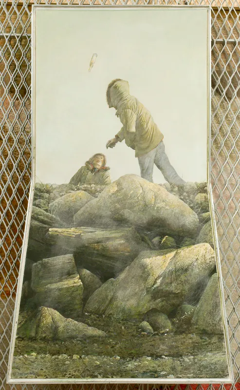 Two boys climing on rocks. Canvas shaped like angular hourglass.
