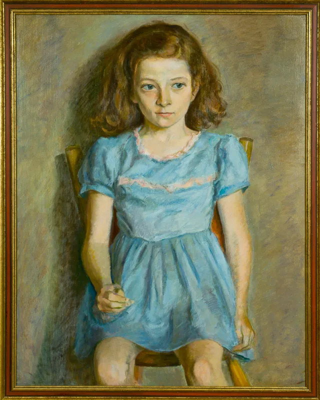 Portriat of a young girl about 11 or 12 in a blue dress. Her hair is shoulder length.