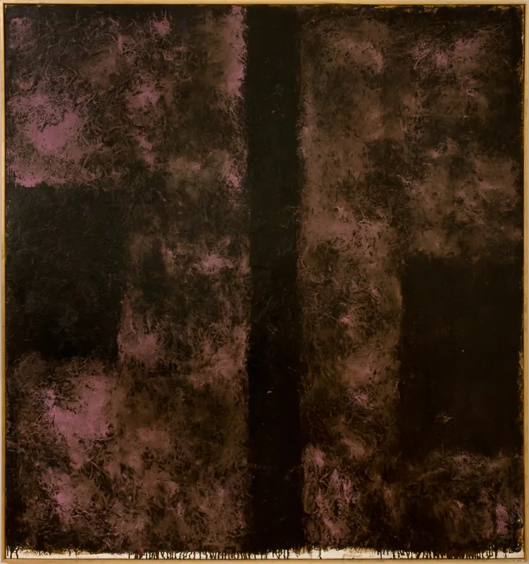 Pink and brown mottled swirls with a dark line intersecting the canvas vertically.