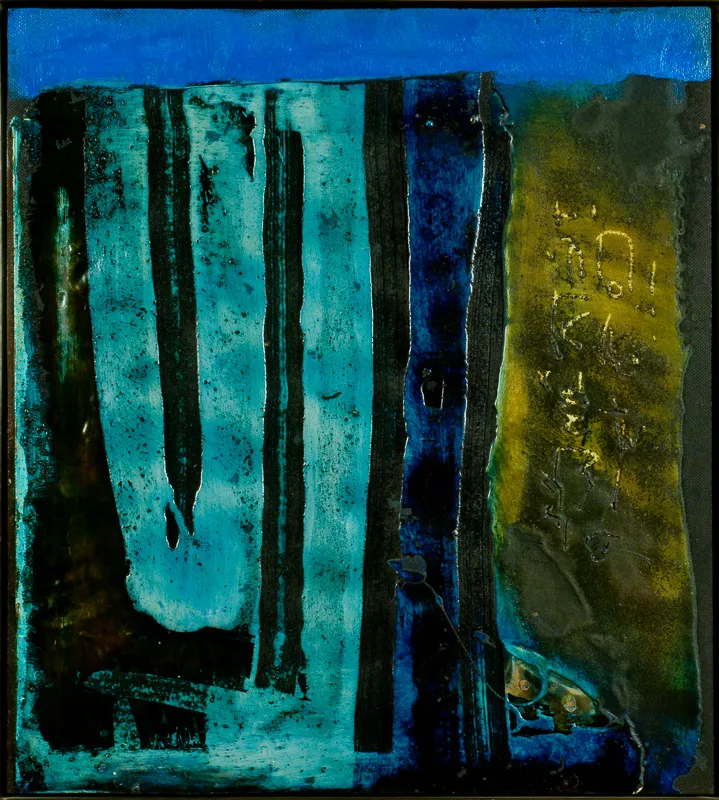 Blue, black, andd brown painting. Looks like a cross section of tunnels.