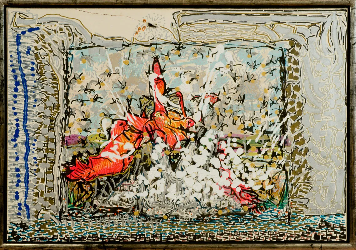 Pile of goldfish in a blurry mess.