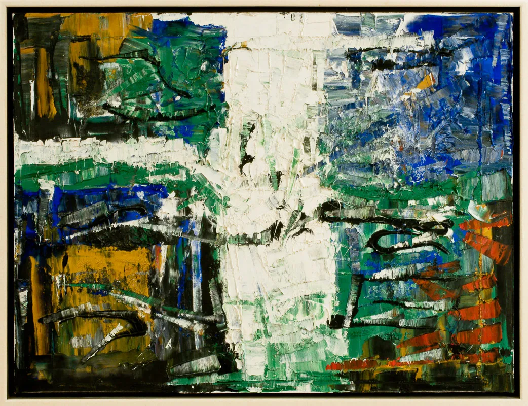 Abstract painitng in four quadrants with heavy goopy paint and brushstrokes.