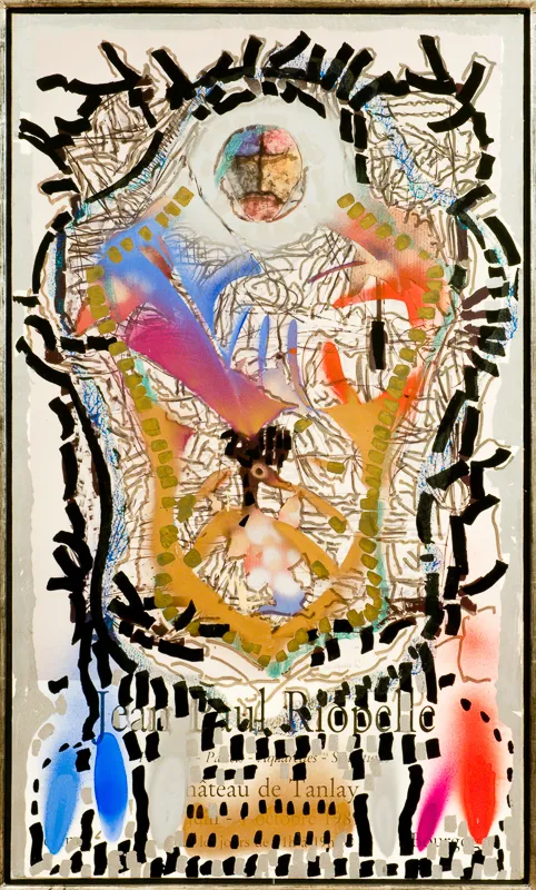 Painting on top of exhibition poster.