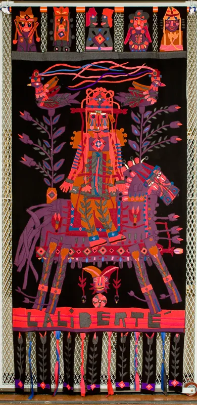 Banner with horse and rider giving the appearance of being a quilt.