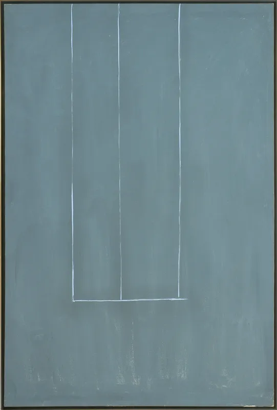 Grey painting with lighter geometric lines in rectangular formation.