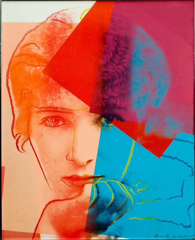 Silkscreen portrait with rectangles of colour.