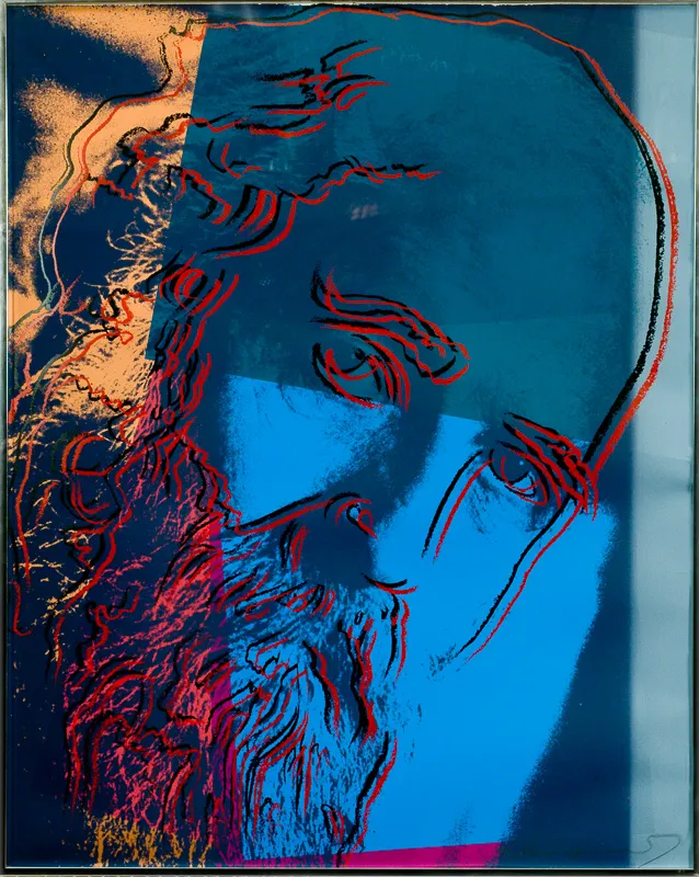 Silkscreen portrait with rectangles of colour.