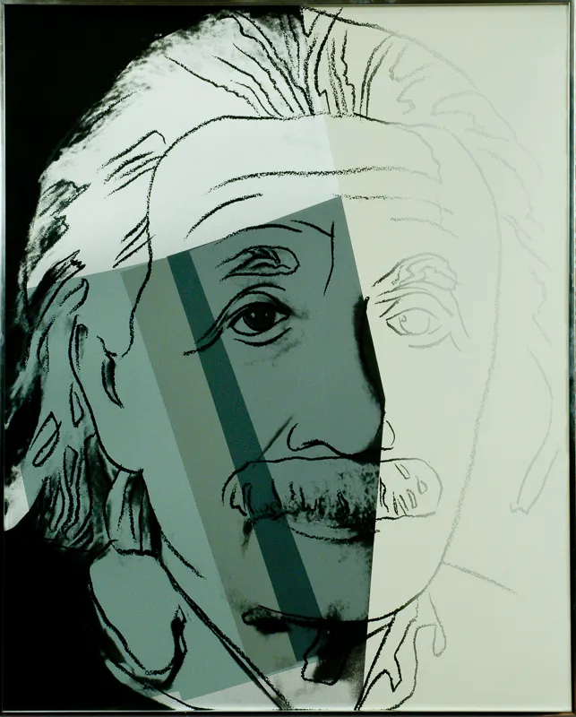 Silkscreen portrait with rectangles of colour.
