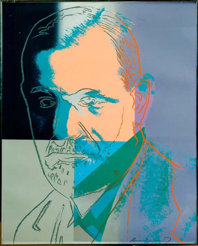 Silkscreen portrait with rectangles of colour.