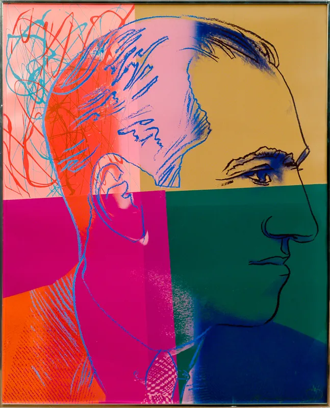 Silkscreen portrait with rectangles of colour.