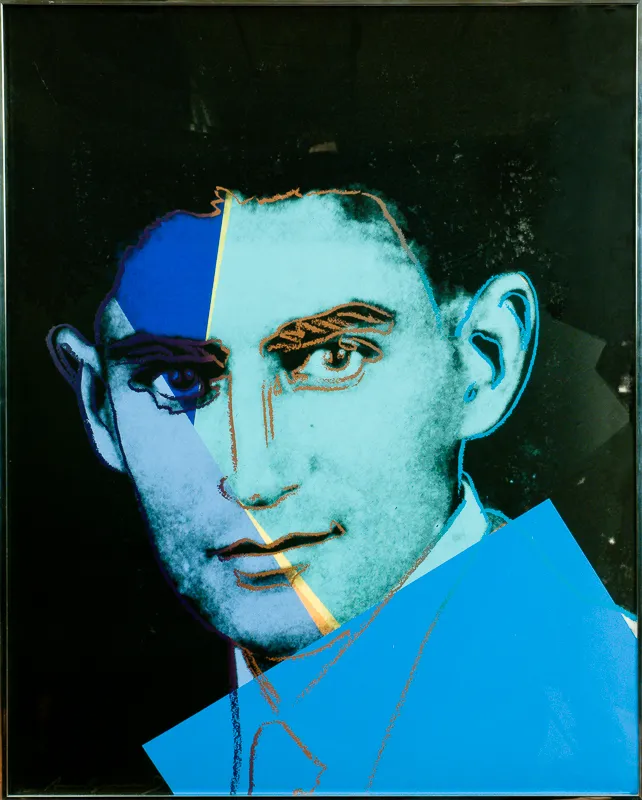 Silkscreen portrait with rectangles of colour.