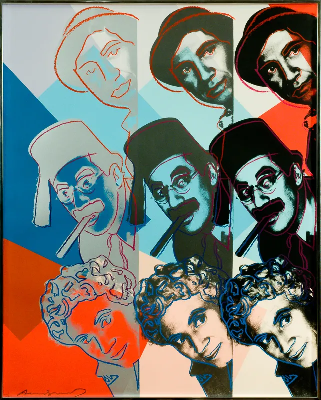 Silkscreen portrait with rectangles of colour.