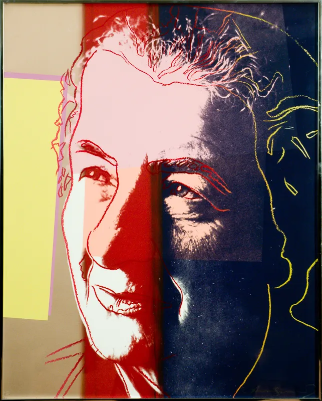 Silkscreen portrait with rectangles of colour.