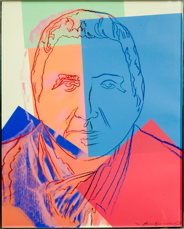 Silkscreen portrait with rectangles of colour.