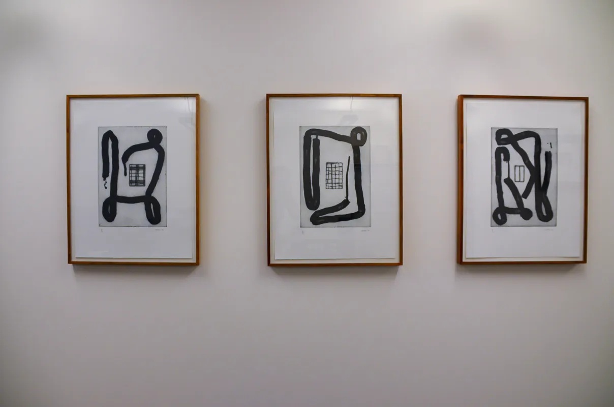 Three prints of thick snakey lines surrounding smaller fineline angular geometric forms. 