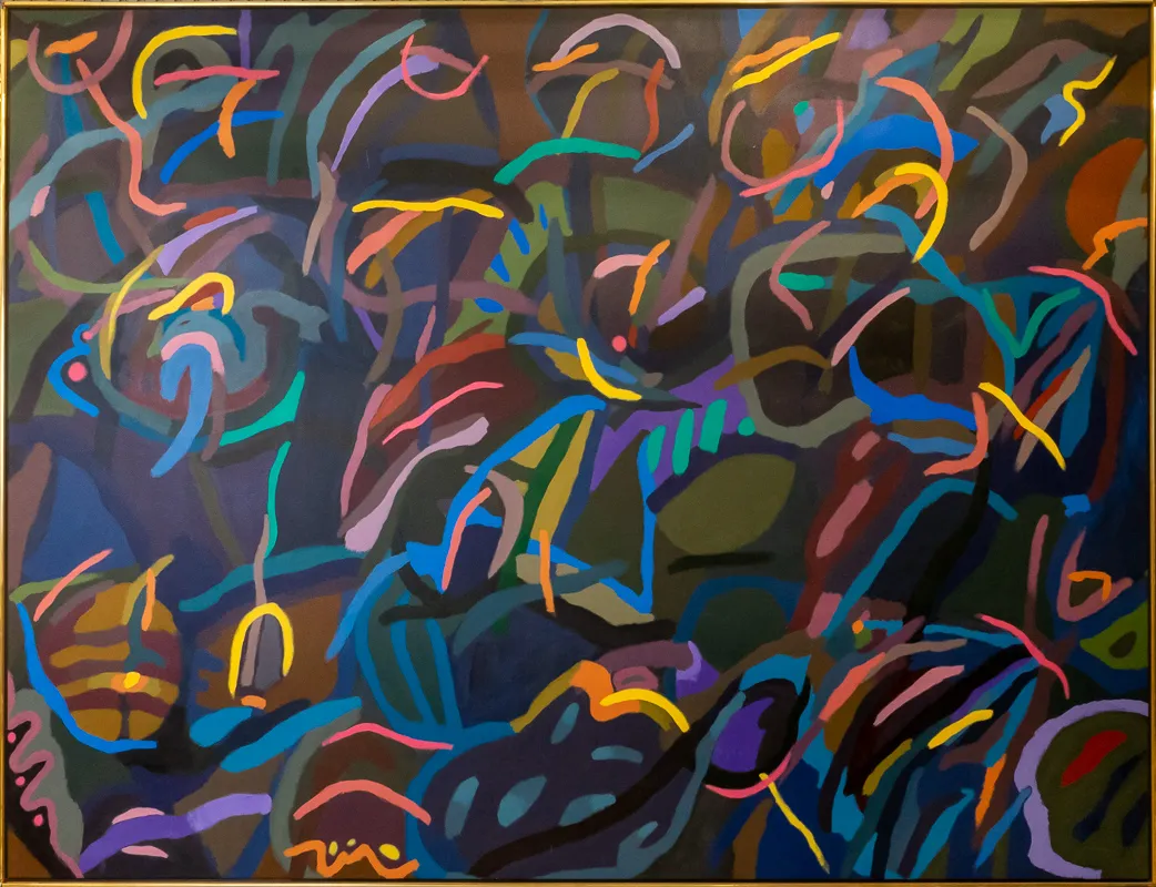 Colourful abstract pattern half-way between a stylized jungle view and a camoflauge design.