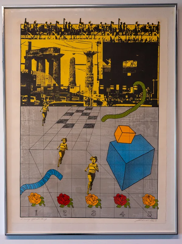 Print with ruins in background, track and field runners in midground, roses in foreground.