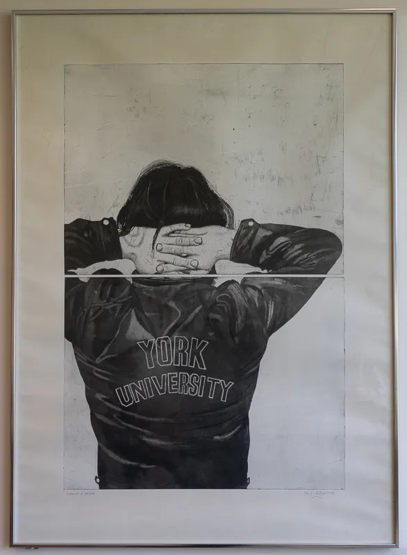 Black and white print made with two plates depicting a person in a leather bomber jacket from the rear, a York University crest embroidered on the jacket.  