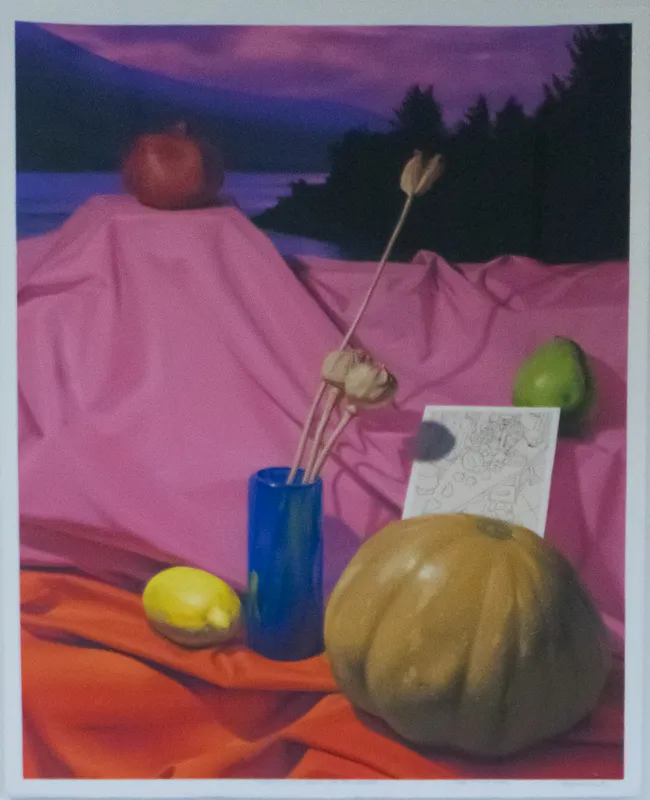 Still life of fruits and flower in front of a view of a lake.