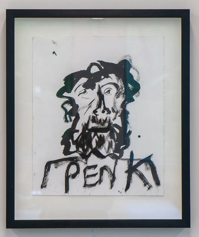 Expressionist portrait of a gruff bearded figure, with the name Penk written below. 