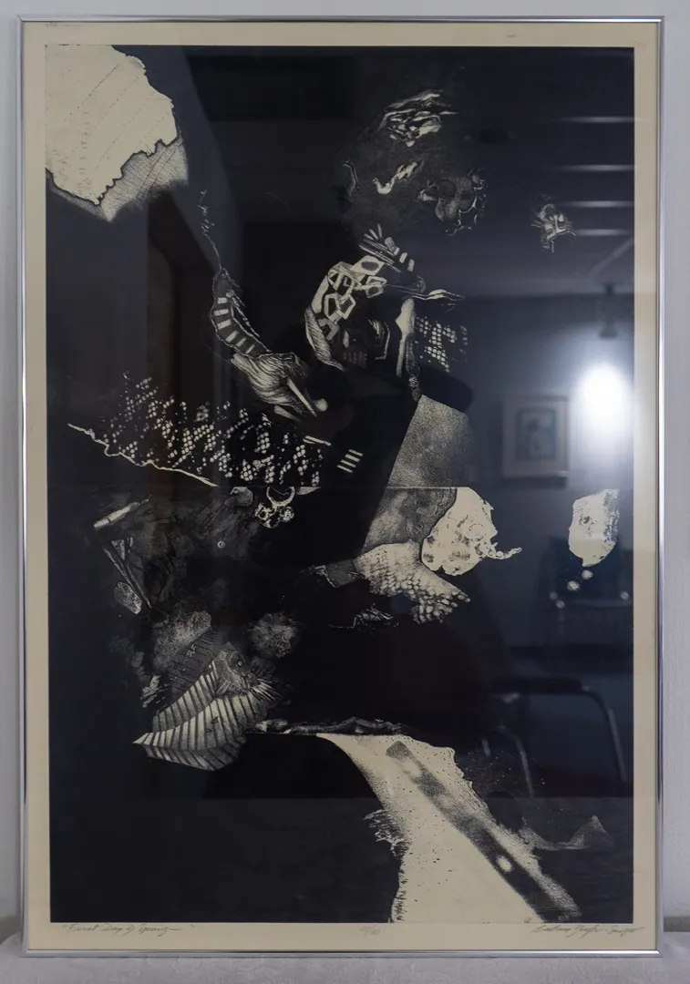 Dark lithograph of various objects that suggest geological structures.