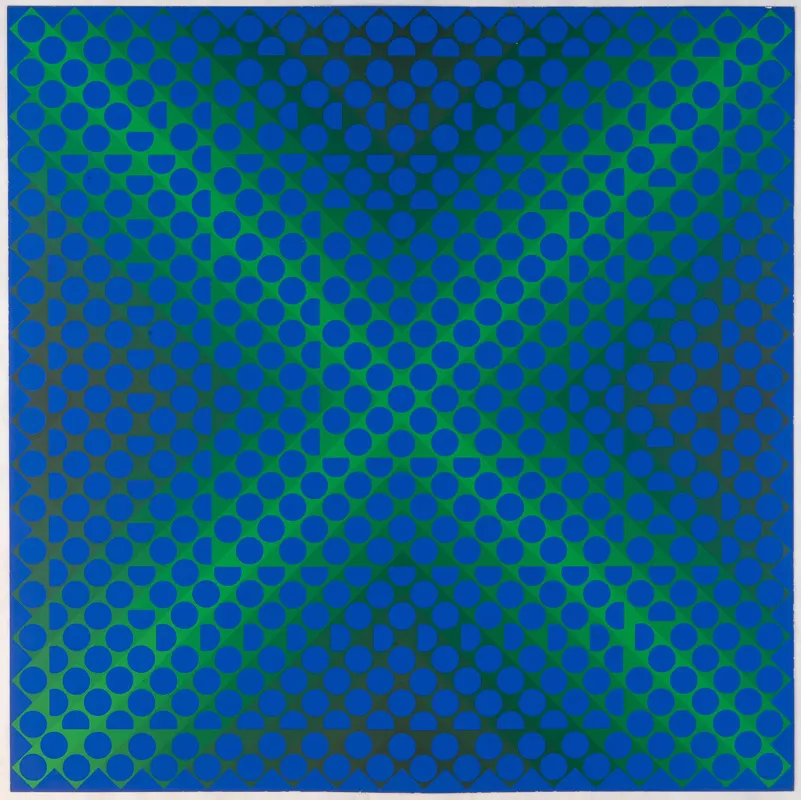 A square print in blues and greens consisting of regular small circles. The composition gives the appearance of fluidity and movement, with the illusion of an x and off-centre squares..