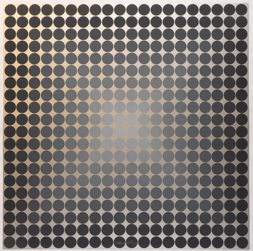 A square print in black and tan consisting of regular small circles. The composition gives the appearance of fluidity and movement, and the illusion of a flared star..