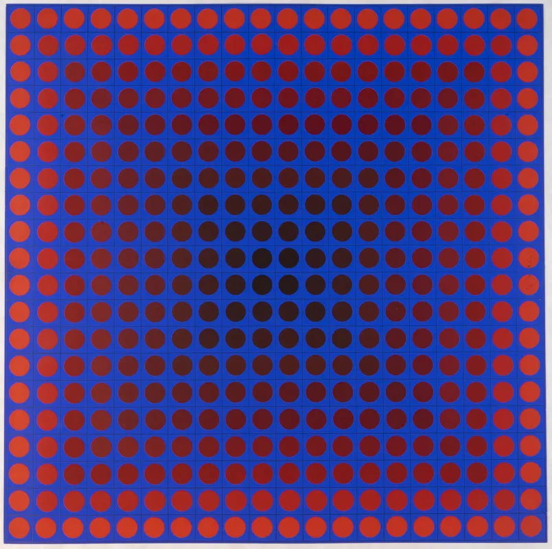 A square print in blues and reds consisting of regular small circles. The composition gives the appearance of fluidity and movement and has a purple cast (despite no purple being used).
