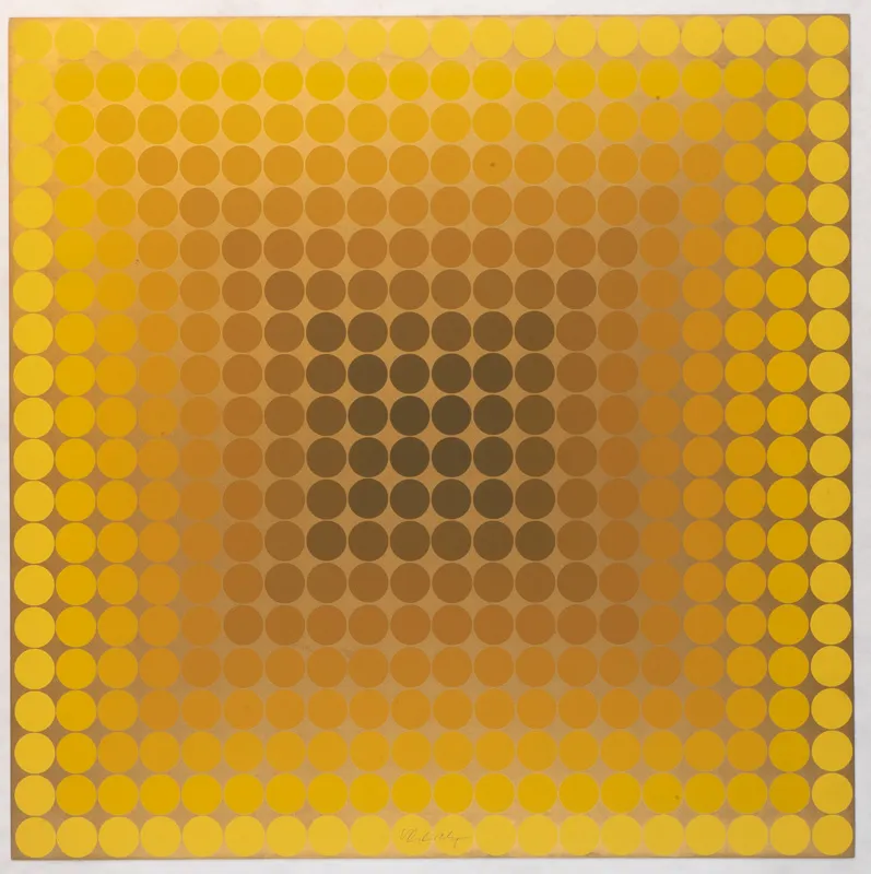 A square print in yellows and oranges consisting of regular small circles. The composition gives the appearance of fluidity and movement.
