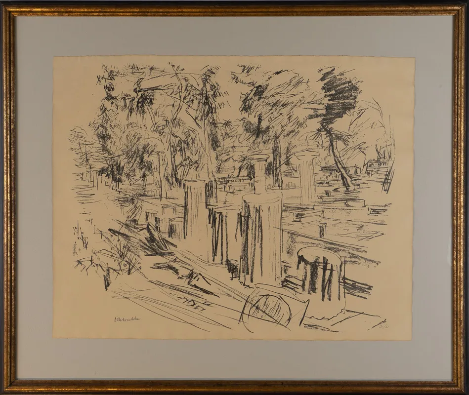 Graphite sketch of greek or roman ruins with trees interspersed. 
