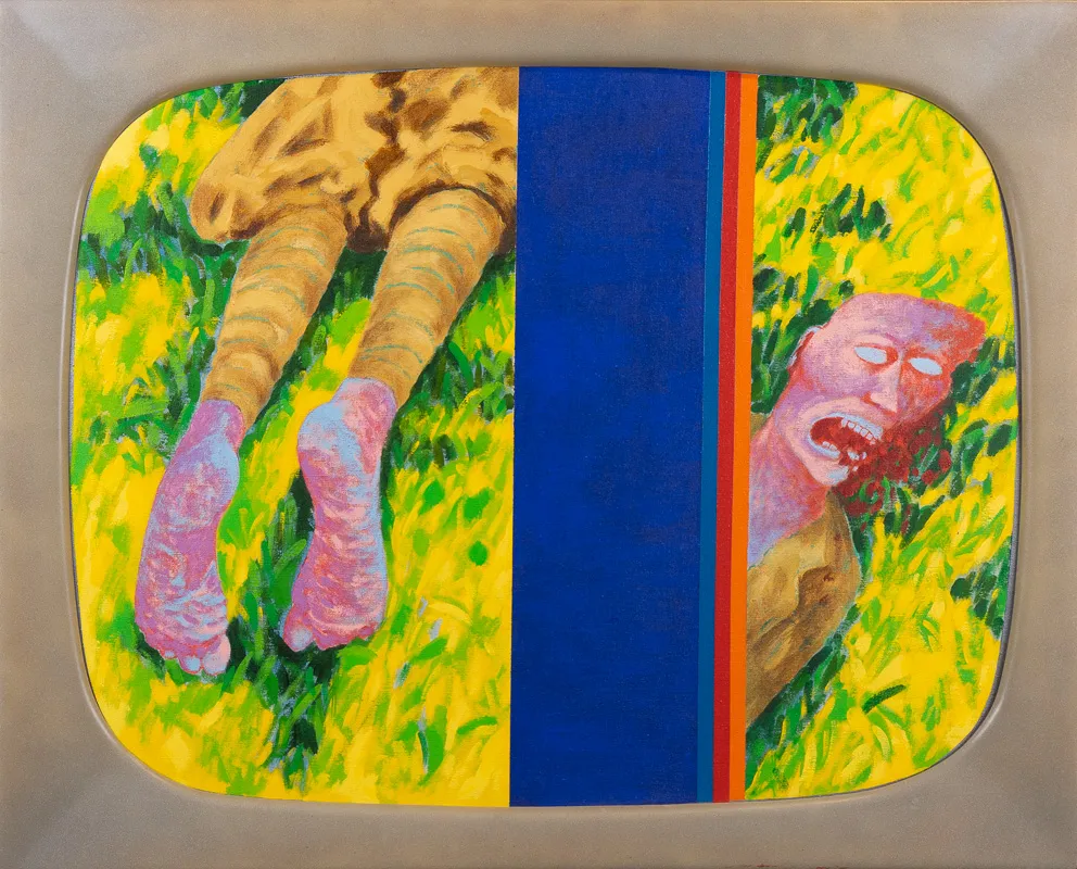 On oblong painting with a persons legs in the left column, a swash of blue in the middle, and a dead-seeming body in the third column. Very colourful.