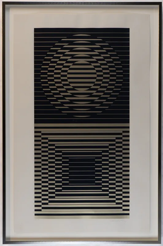 Two stacked squares with graphic patterns in them in black and silver/white.