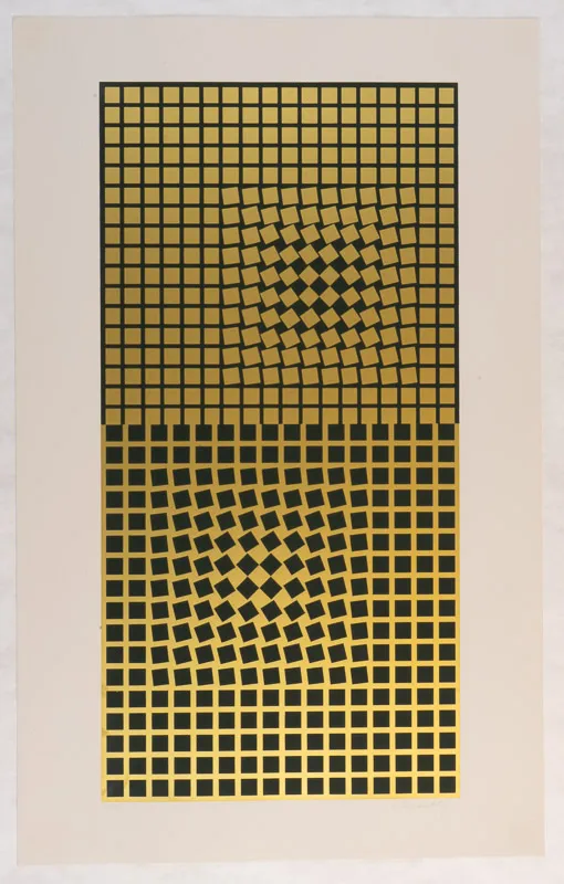 Two stacked squares with graphic patterns in them in black and yellow.