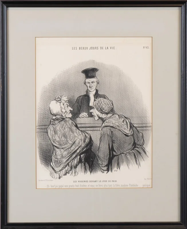 Caricature of two arguing senior citizens appearing before a justice of the peace. 