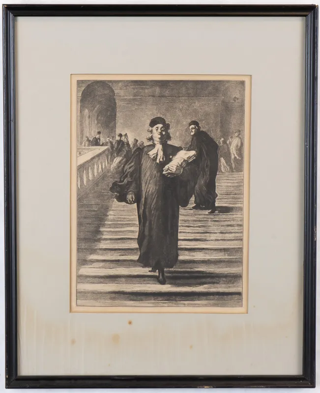 Caricature of lawyer descending a marble staircase.