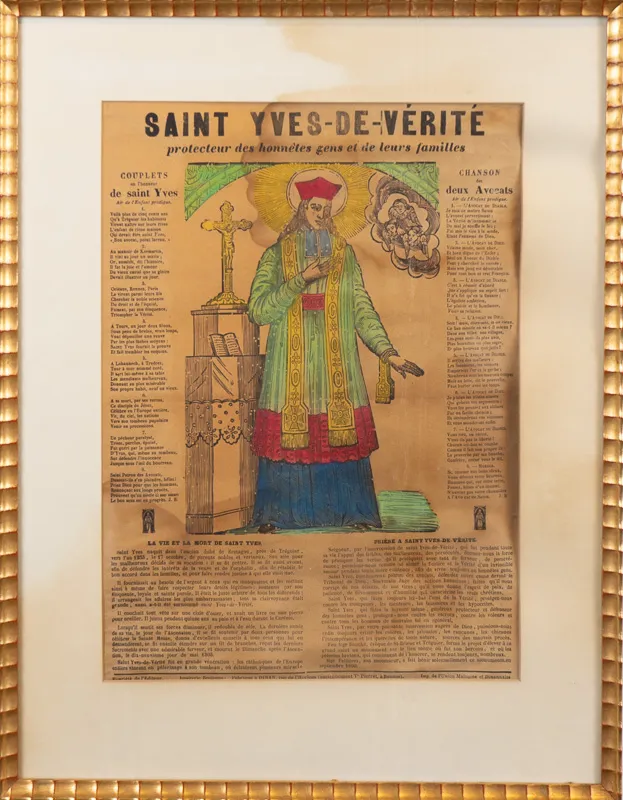 Hand coloured printed broadside dedicated to St Yves de Verité.