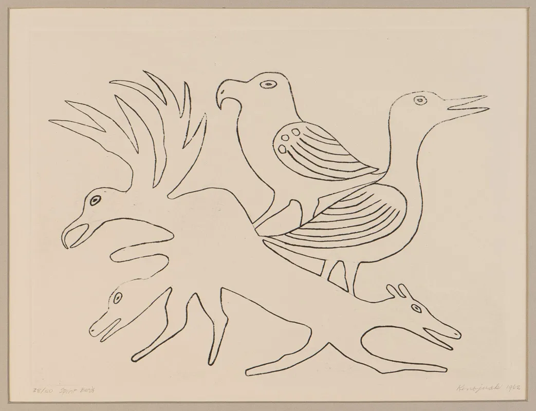 Line drawing of a bird with a three headed mammal.