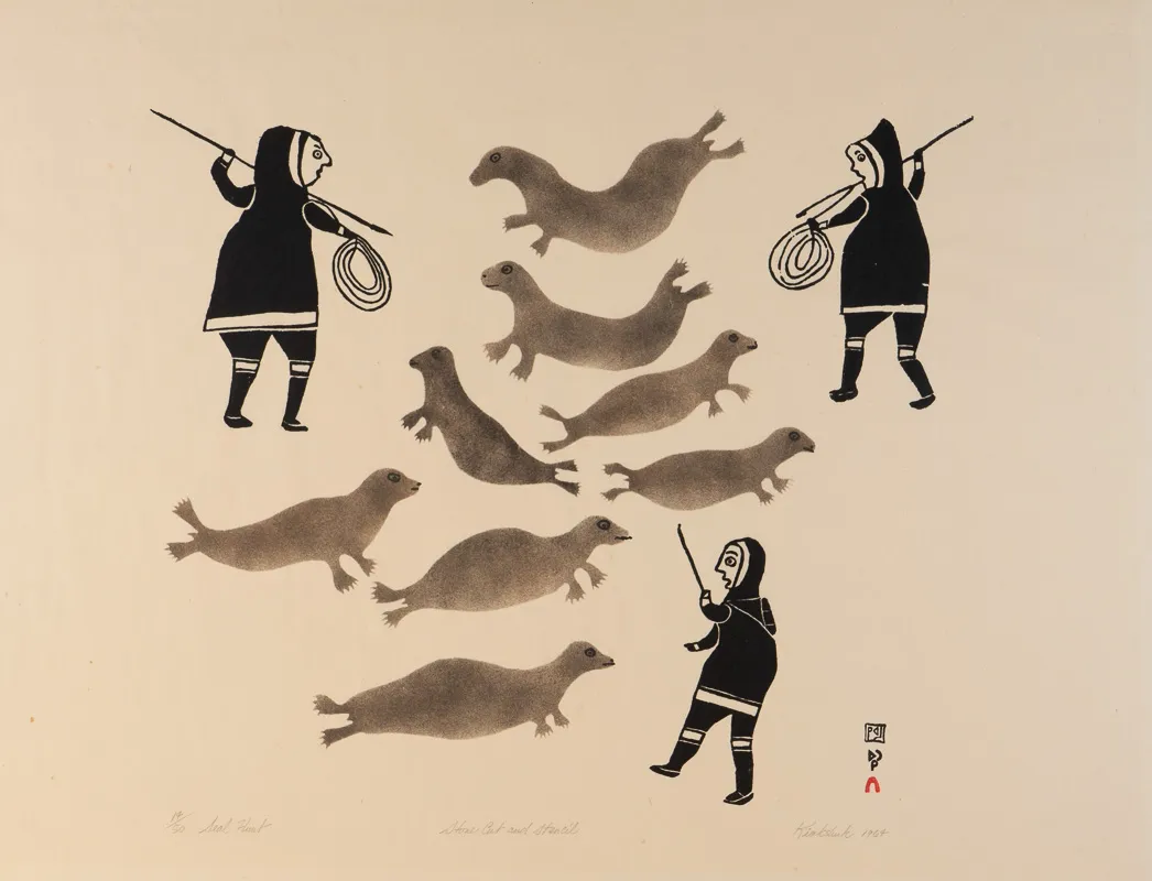 Three hunters with harpoons surrounding a flock of seals.
