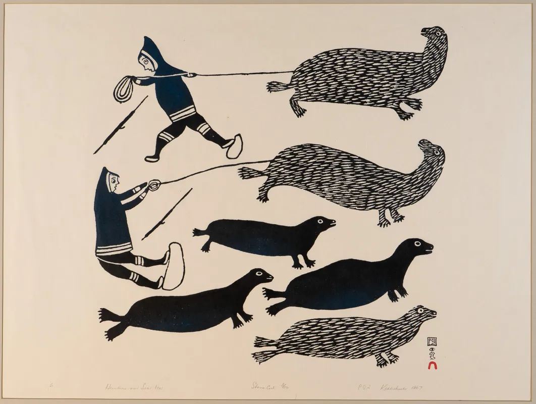 Two hunters hunting six seals.
